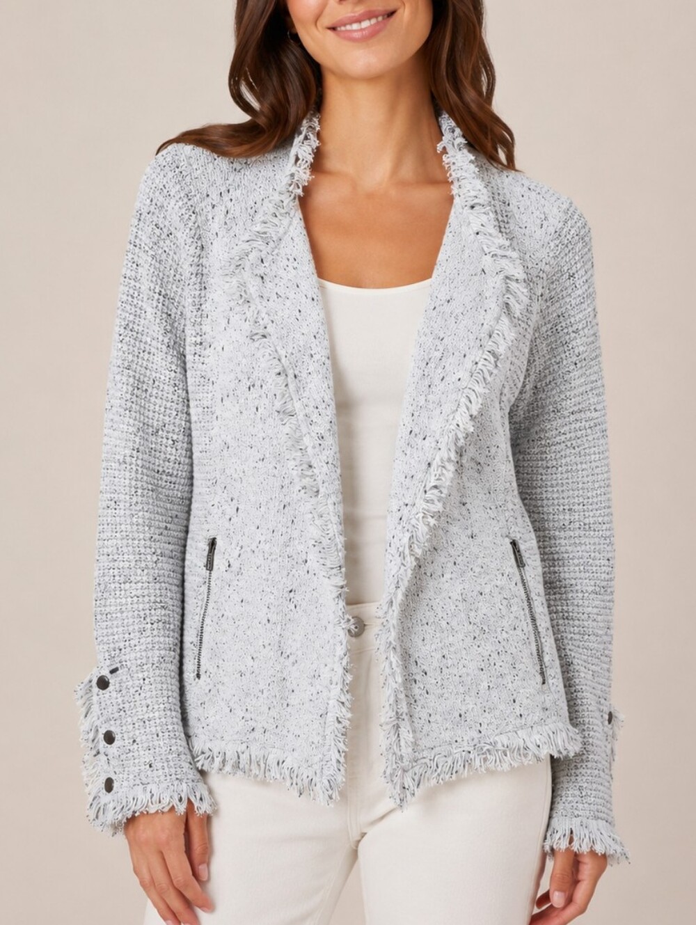 NIC+ZOE Fringe Mix Knit Jacket Sugar Cookie White Tweed Blazer Women Size Medium
